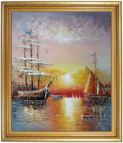 ölbild segelschiffe hafen - segelschiffe,