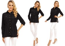 Damen Hemd Langarm Elegante Oberteile Kragen Bluse Langarmshirt Schwarz 5339JC