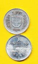 2 x 5 Schweizer Franken 1948: Kursmünze u. Gedenkmünze  -  Silber 25 g fein