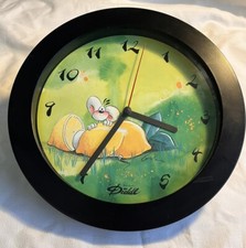 Diddl Wanduhr, Retro Kinderuhr der 90er, Sammelobjekt in grün - gelb, neuwertig