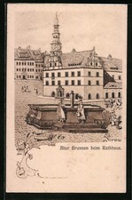 Künstler-AK Pirna, Alter Brunnen beim Rathaus 