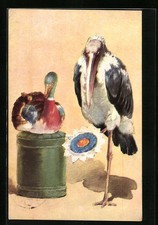 Künstler-AK Klapperstorch auf einem Bein und Ente auf grüner Tonne 