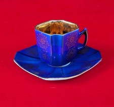 ~1920 Antike Art Deco Sammeltasse Mokka Mocca Gold Blumen Blau Ornamente Eckig