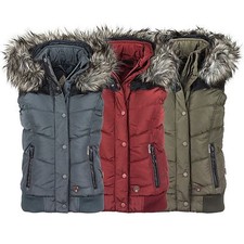 Khujo Damen Weste Steppweste abnehmbare Kapuze Kunstfell Kunstleder Besatz