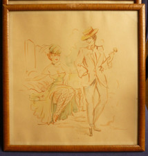 Aquarell Gemälde Bild alt antik unleserlich sign. schickes Paar, Mann und Frau 1