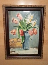 Aquarell Gemälde Stillleben Rosenstrauß In Vase Signiert In Glass Holzrahmen