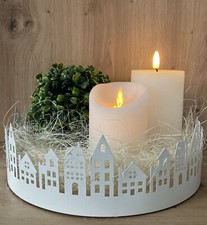 Deko Tablett Haus Häuserstadt Weiß Metall XL Landhaus Shabby Skandi