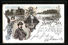 Lithographie Berg, Schloss, König Ludwig II., Unglücksstätte, Denkmal 1897 