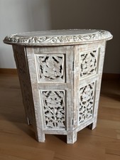 Orientalischer Beistelltisch Haytam Shabby weiß rund Holz Tisch geschnitzt  