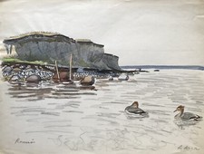 Karl Adser 1912-1995 Haubentaucher vor der Steilküste Romsö Dänemark Ostseeinsel