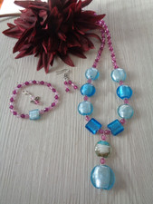 Schmuckset  Blau-rosa-lila Murano/Glas-Perlen UNIKAT