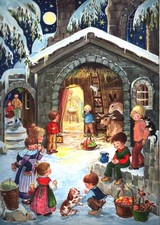 Adventskalender A4 – Weihnachtskrippe mit Kindern und Stallmotiv, Silber-Glitzer