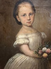 ANTIKES ÖLGEMÄLDE PORTRAIT MÄDCHEN MIT BLUMEN