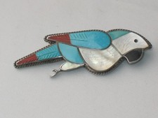 Indianerschmuck SILBER ANHÄNGER ZUNI Papagei ARA ausgefallen signiert Brosche
