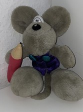 Diddl Maus grau Latzhose lila mit Bleistift Thomas Goletz Stofftier 25cm Vintage
