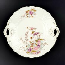 Wunderschöne handbemalte alte Servierplatte rund mit Griffen Floral Goldrand