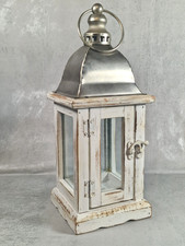 Shabby Chic Laterne Weiß Holz & Metall Vintage Windlicht 30 cm hoch Landhaus