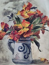 Altes Aquarell Blumen GOLDLACK im Keramikkrug, unsigniert, ungerahmt, 29,5x21,5