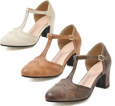 Brogue Pumps Blockabsatz T Spangen High Heels Sandalen Vintage Mary Jane Schuhe
