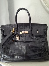 Tasche Buti Pelleterie handmade Italy echtes Leder Schwarz Krokoprägung Gold 