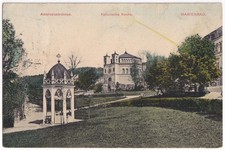 AK Marienbad, Ambrosiusbrunnen, kath. Kirche, aus 1910, gelaufen