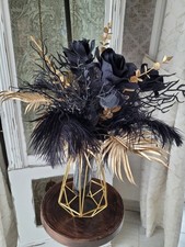 Vase Boho Vintage Art Deco Federn Rosen Schwarz Gold Tischdeko Gesteck Hochzeit