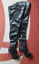 Kunstleder Stiefel Overknee Crotch Plateau Nieten Biker schwarz Gr. 40 / 41