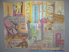 Zimmer Möbel Bücherregale Tisch Stühle - 3 Zeichnungen Deckfarben - 20. Jh.