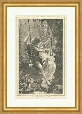 Im Frühling Liebe Garten Bäume Schaukel Blumen Turteln Holzstich E 4579 Gerahmt