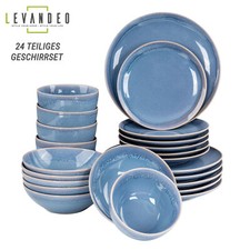 24tlg. Geschirrset 6 Personen Steingut Blau Kombi-Tafelservice Schale Teller