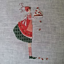 Erdbeermädchen mit Torte Stickbild Handarbeit LKE