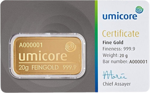 Goldbarren umicore 999 9 - 20, 999,9