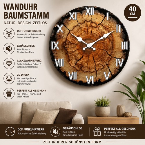 Wanduhr baumstamm druck - baumstamm, 2d