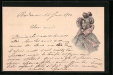 Dame mit Hut im Mantel, Biedermeier, Ansichtskarte 1900 
