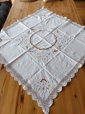 Vintage Tischdecke weiß Häkelspitze/Klöppelspitze/Handarbeit-Richelieu Stickerei
