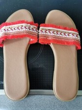 Neu Gr.39 Schlappen/Sandale/Pantolette rot/ lachs Perlen, Strass, Fransen