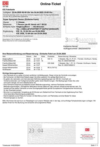Ticket von siegburg - ic,