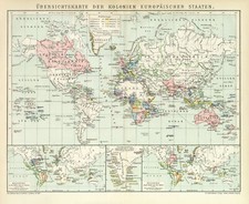 europäische Kolonien Weltkarte historische Landkarte Karte Lithographie ca. 1892