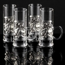 4 Schnapsgläser Shot Gläser Stamper Obstbrand Henkel Glas Metall Second Hand