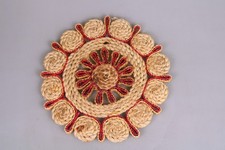 Topfuntersetzer Untersetzer Bast Rund 70er Jahre Vintage, creme-rot