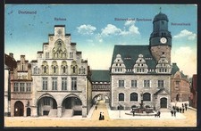 AK Dortmund, Panorama mit Rathaus, Bücherei, Sparkasse und Nationalbank 1916 