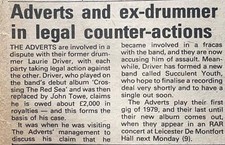 THE ADVERTS - EX-DRUMMER TAKES LEGAL ACTION - NME CLIPPING OCTOBER 1979