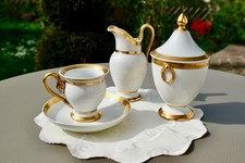 Empire Porzellan Kaffee Kern, 4-teilig, antik, ungemarkt, weiß mit Goldrand