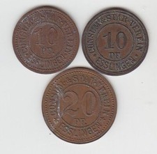 3 Bronze Münzen 2 x 10, 20 Pfennig Notgeld Consum Spar Verein Esslingen um 1920