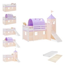 Hochbett 90x200 Kinderbett Treppe Matratze Tunnel Vorhang Lila Holz Homestyle4u