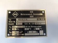 IFA VEB Motorenwerk Cunewalde DDR Typenschild Motor 1 VD 8/8-2 SL