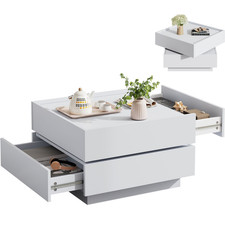Couchtisch Sofatisch, 360° Drehbare Ober-Tischplatte, 2 Grifflosen Schubladen