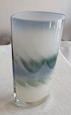 schöne Glas Vase blau weiß ovale Form ca, 25,0 cm Vintage Deko