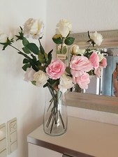 15x Rose mit Textilblüte, zt Langstielig, Rosa Weiss Kunstblume Blume