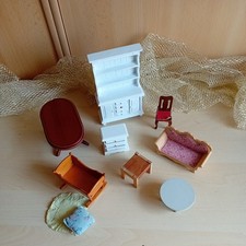 Puppenstube Möbel Konvolut  Schrank Sofa Tisch Wiege Puppenhaus Holz Spielzeug
